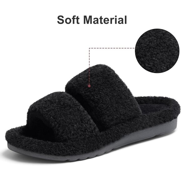 Women's Fuzzy Moderate Arch Support Open Toe Cozy Bedroom Black Slippers  Shoes - Picture 4 of 6
